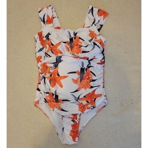Womens one piece Hawaiian pattern Size large white and orange